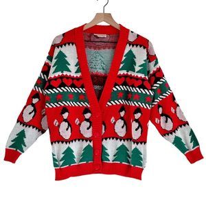 Vintage Cabin Creek Christmas Sweater Cardigan Petite Medium Snowman Grannycore